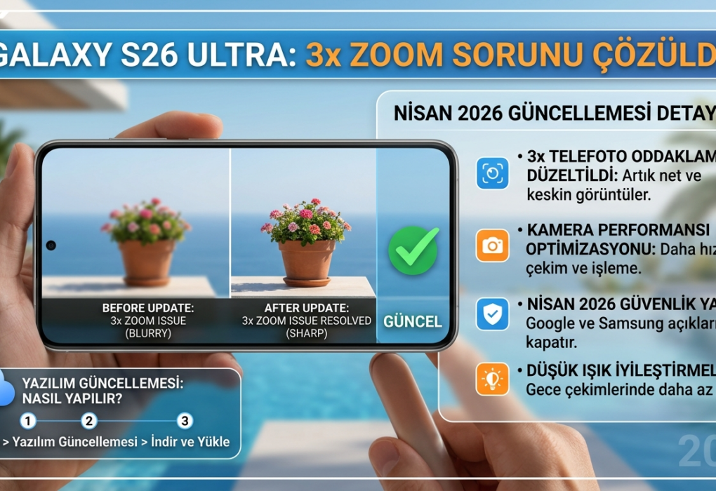 Samsung Galaxy S26 Ultra'nın Nisan 2026 güncellemesi ile 3x zoom kamerasındaki odaklanma ve bulanıklık sorununun çözüldüğünü gösteren, öncesi-sonrası karşılaştırmalı infografik.