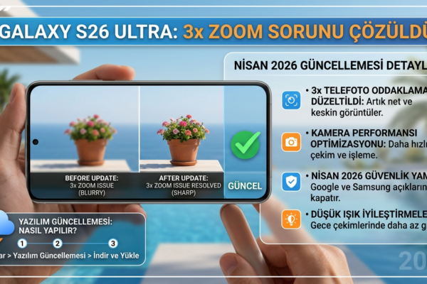 Samsung Galaxy S26 Ultra'nın Nisan 2026 güncellemesi ile 3x zoom kamerasındaki odaklanma ve bulanıklık sorununun çözüldüğünü gösteren, öncesi-sonrası karşılaştırmalı infografik.