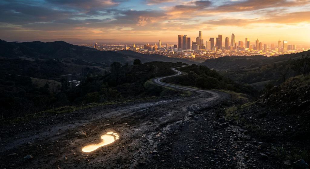 Karanlık bir patikada, uzaktaki güneşli ve görkemli bir şehir silüetine doğru ilerleyen tek bir küçük, parlayan ayak izini gösteren sanatsal yapay zeka görseli.