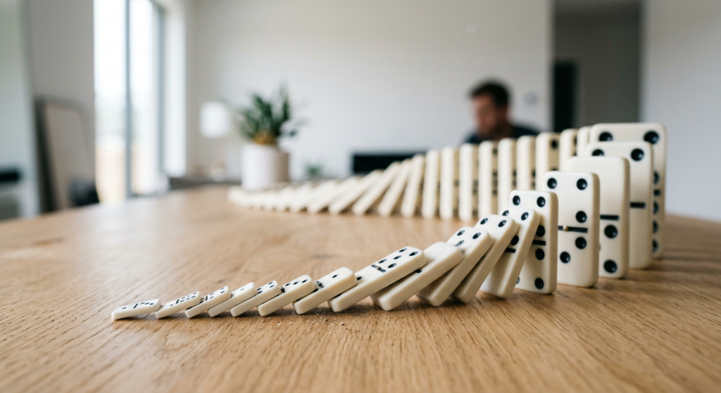 Küçükten büyüğe doğru devrilen domino taşlarının oluşturduğu bileşik etkiyi gösteren, alışkanlıkların birikimli gücünü simgeleyen yapay zeka görseli.
