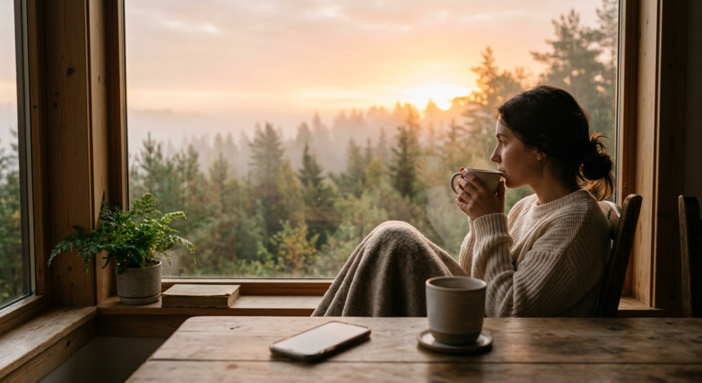 Minimalist bir odada, sisli bir orman manzarasına bakan ve çay içen bir figür, huzuru ve zihinsel dinginliği temsil ederken; ön plandaki telefonun ters durması, okuyucuya "dijitalden uzaklaşma" mesajını verir.