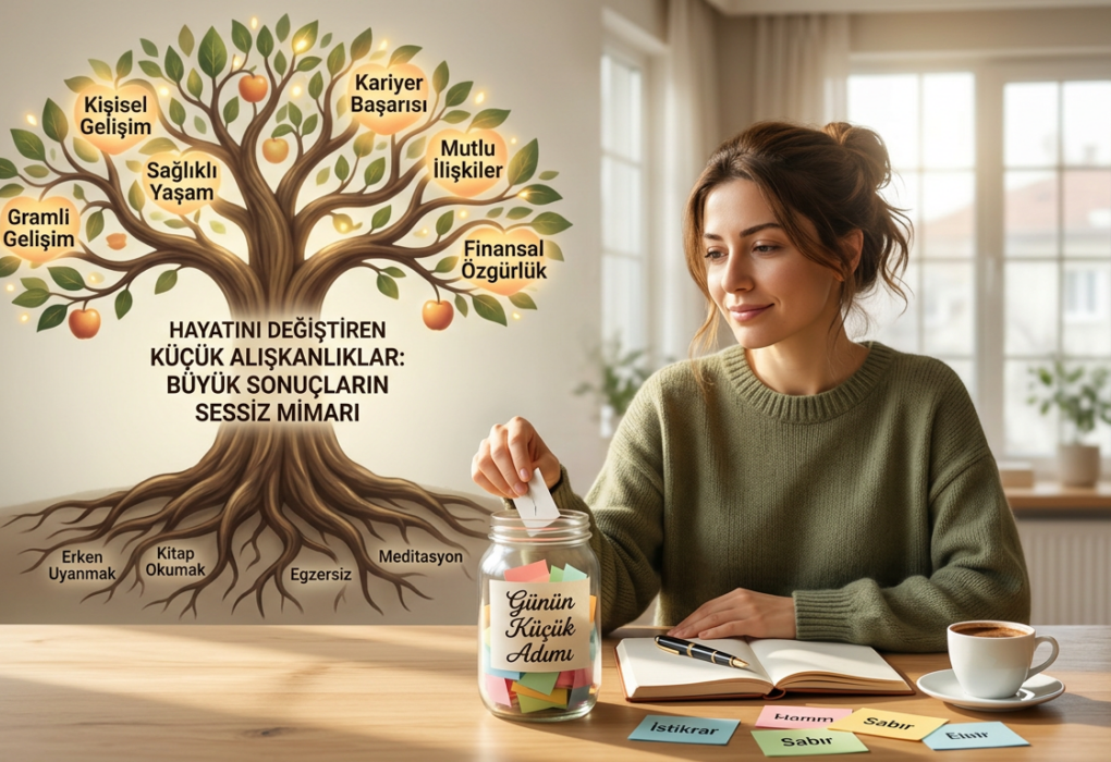 Küçücük, parlak bir ayak izinin karanlık bir yolda ilerleyerek uzaktaki görkemli, güneşli bir şehre ulaşmasını gösteren, küçük alışkanlıkların büyük başarıları doğurmasını simgeleyen yapay zeka görseli.