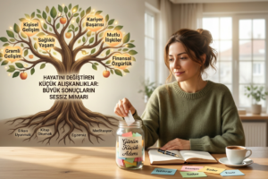 Küçücük, parlak bir ayak izinin karanlık bir yolda ilerleyerek uzaktaki görkemli, güneşli bir şehre ulaşmasını gösteren, küçük alışkanlıkların büyük başarıları doğurmasını simgeleyen yapay zeka görseli.